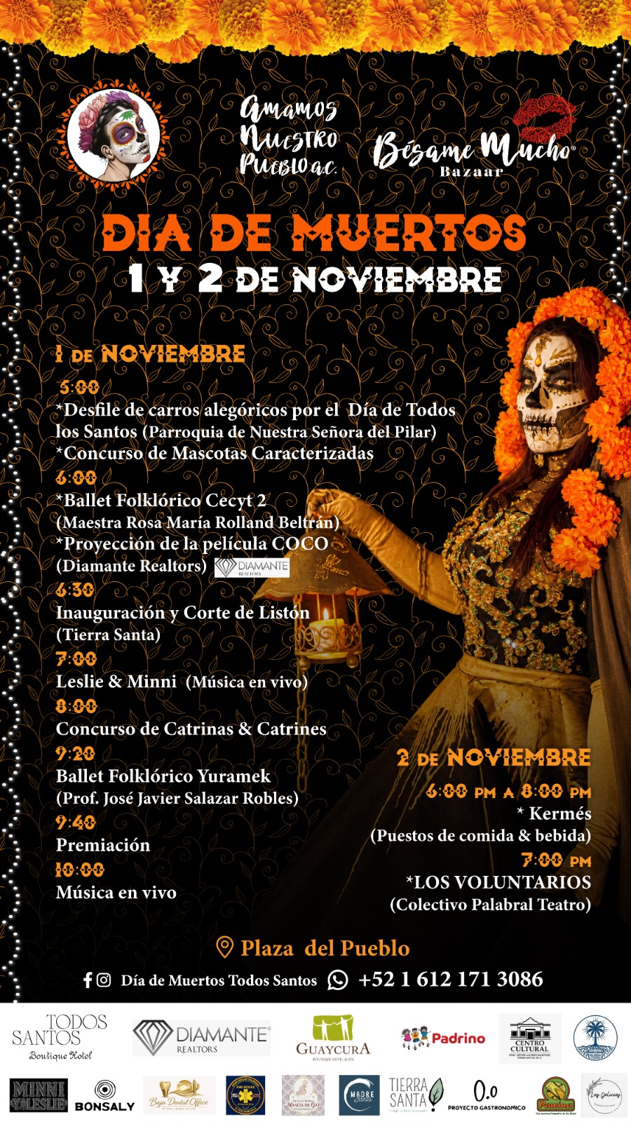 Festival de Día de Muertos — Plaza del Pueblo, Todos Santos (Catrinas, mascotas disfrazadas, folclórico)