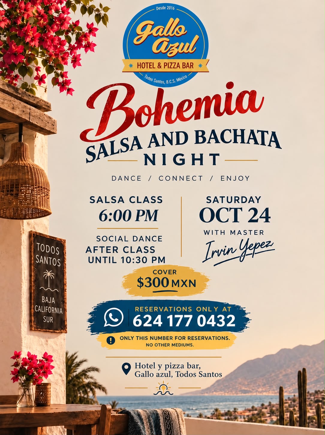Salsa & Bachata Night — class + social dance with Irvin Yepez at Gallo Azul (Todos Santos)
