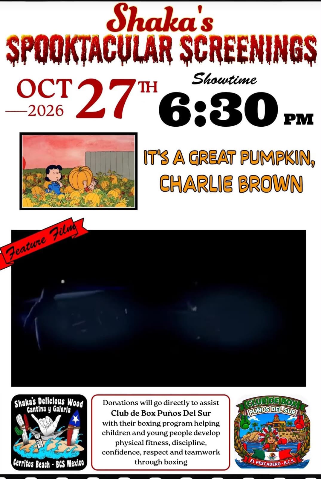 Spooktacular Screenings: “It’s the Great Pumpkin, Charlie Brown” — donation movie night for Club de Box Puños del Sur (Shaka’s, Cerritos)