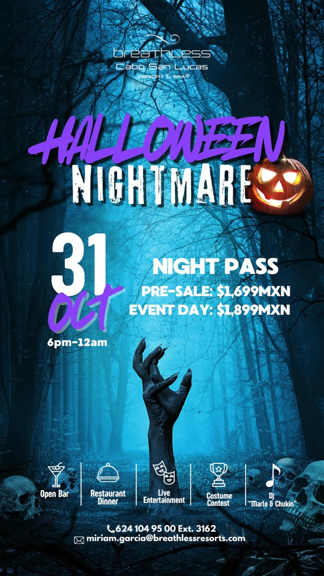 Halloween Nightmare Night Pass — Breathless Cabo San Lucas (barra libre, cena, DJ y concurso de disfraces)