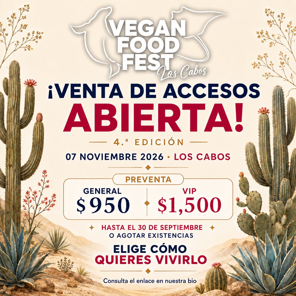 Vegan Food Fest Los Cabos (4ª edición) — degustaciones 100% veganas, bebidas, concursos y música en Four Seasons Cabo del Sol